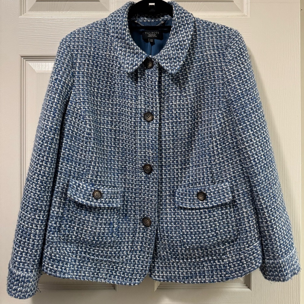 Talbots Woman Petites Blue and White Tweed Blazer
